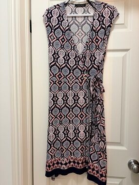 Ivanka Trump Navy and Pink Geometric Wrap Midi Dress